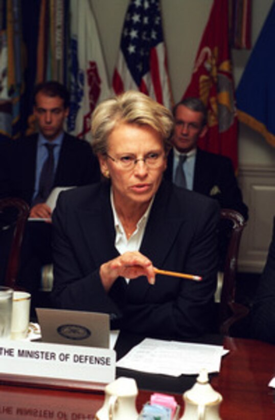 French Minister of Defense Michele Alliot-Marie meets with Secretary of Defense Donald H. Rumsfeld in the Pentagon on Oct. 17, 2002. Alliot-Marie and Rumsfeld are meeting to discuss defense issues of mutual interest. 