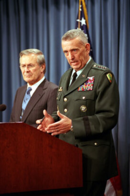 Gen. Tommy Franks, commander in chief, U.S. Central Command, responds to a reporter's question during a press briefing in the Pentagon on Aug. 15, 2002. Franks joined Secretary of Defense Donald H. Rumsfeld in briefing reporters on the war on terrorism. 