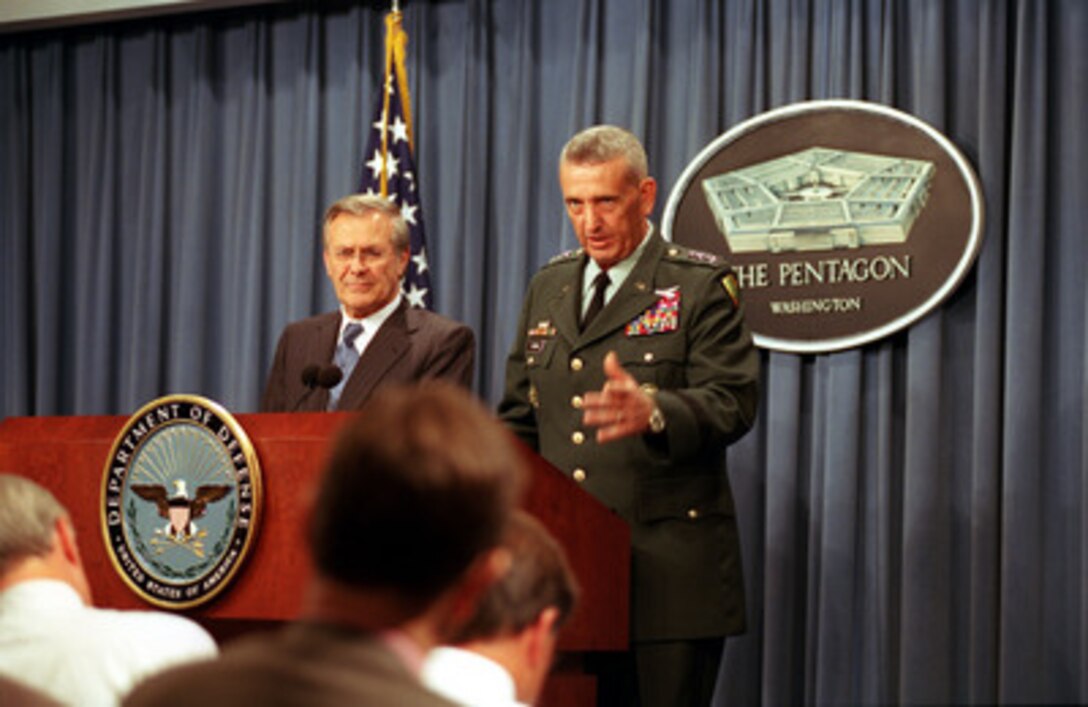 Gen. Tommy Franks, commander in chief, U.S. Central Command, responds to a reporter's question during a press briefing in the Pentagon on Aug. 15, 2002. Franks joined Secretary of Defense Donald H. Rumsfeld in briefing reporters on the war on terrorism. 
