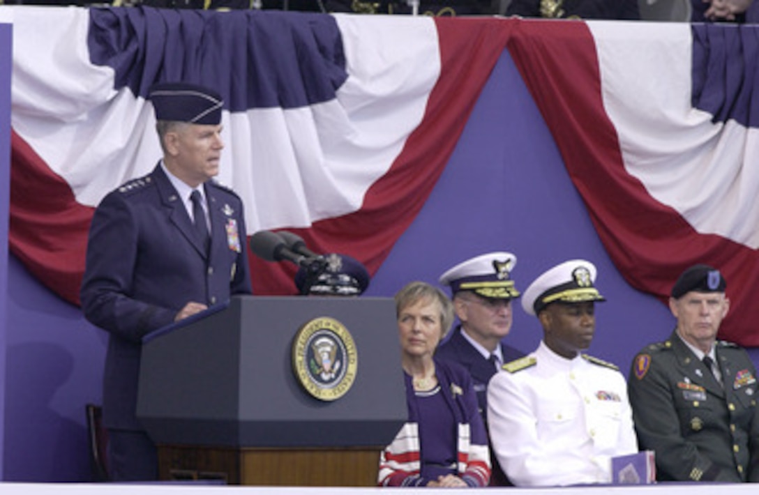 Chairman of the Joint Chiefs of Staff Gen. Richard Myers, U.S. Air Force, speaks during the Sept. 11 Observance Ceremony at the Pentagon. More than 13,000 people attended the service to remember those who lost their lives one year ago when terrorists crashed a commercial airliner into the Pentagon. 