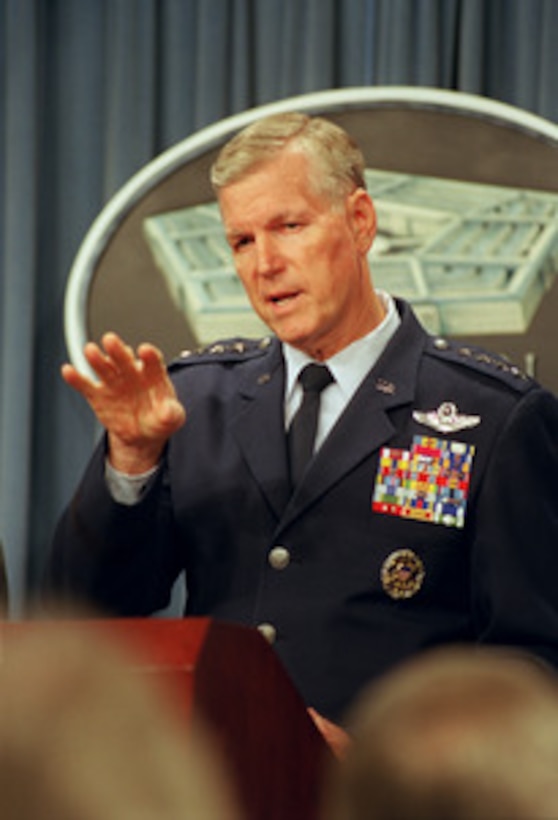 Chairman of the Joint Chiefs of Staff Gen. Richard B. Myers, U.S. Air Force, answers a reporter's question during a Pentagon press briefing on Sept. 3, 2002. Myers and Secretary of Defense Donald H. Rumsfeld briefed reporters on events in Afghanistan and the war on terrorism. 