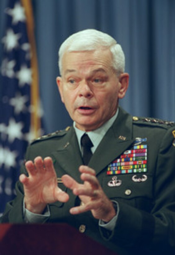 Gen. William F. Kernan, U.S. Army, commander of the U.S. Joint Forces Command, gives his initial assessment of the lessons learned during the conduct of Millennium Challenge 2002 to Pentagon news reporters on Sept. 17, 2002. Millennium Challenge is the first major joint transformational experiment ever conducted by the Department of Defense. The experiment dealt with ways of employing transformational tactics, equipment and weapons in a combat scenario. Millennium Challenge 2002 began July 24 and ran through August 15, 2002. 