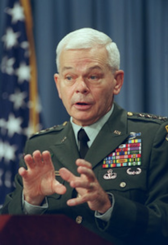 Gen. William F. Kernan, U.S. Army, commander of the U.S. Joint Forces Command, gives his initial assessment of the lessons learned during the conduct of Millennium Challenge 2002 to Pentagon news reporters on Sept. 17, 2002. Millennium Challenge is the first major joint transformational experiment ever conducted by the Department of Defense. The experiment dealt with ways of employing transformational tactics, equipment and weapons in a combat scenario. Millennium Challenge 2002 began July 24 and ran through August 15, 2002. 