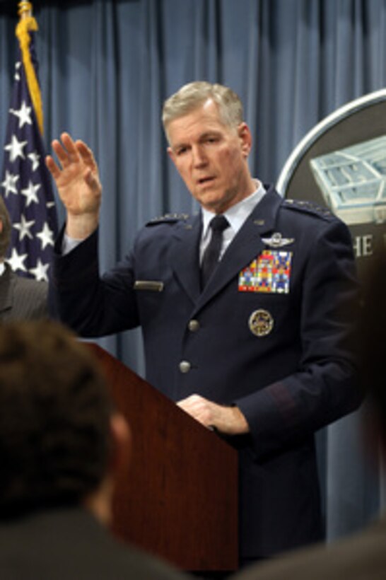 Chairman of the Joint Chiefs of Staff Gen. Richard B. Myers, U.S. Air Force, answers a reporter's question during a Pentagon press briefing on April 1, 2003. Myers and Secretary of Defense Donald H. Rumsfeld briefed reporters on the progress of Operation Iraqi Freedom, which is the multinational coalition effort to liberate the Iraqi people, eliminate Iraq's weapons of mass destruction and end the regime of Saddam Hussein. 