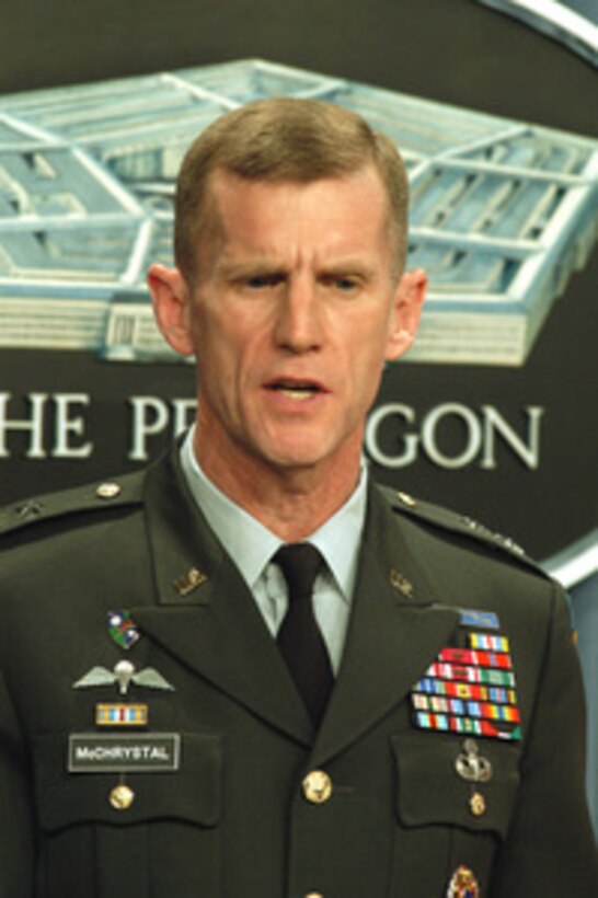 Army Maj. Gen. Stanley A. McChrystal briefs reporters on the overnight progress of Operation Iraqi Freedom during an April 2, 2003, Pentagon press conference. McChrystal and Assistant Secretary of Defense for Public Affairs Victoria Clarke brought reporters up-to-date on Operation Iraqi Freedom, which is the multinational coalition effort to liberate the Iraqi people, eliminate Iraq's weapons of mass destruction and end the regime of Saddam Hussein. McChrystal is the vice director for Operations, J-3, the Joint Staff. 