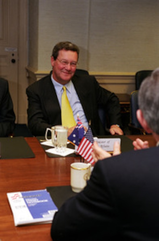 Australian Minister of Foreign Affairs Alexander Downer meets in the Pentagon with Deputy Secretary of Defense Paul Wolfowitz on April 1, 2003. Downer and Wolfowitz are meeting to discuss security issues of interest to both nations. 