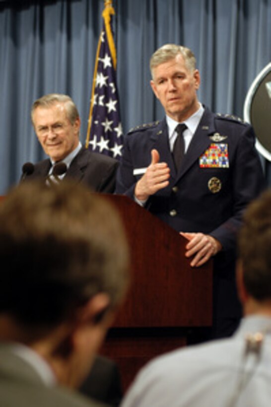 Chairman of the Joint Chiefs of Staff Gen. Richard B. Myers, U.S. Air Force, answers a reporter's question during a Pentagon press conference on April 3, 2003. Myers and Secretary of Defense Donald H. Rumsfeld, provided reporters with an update on Operation Iraqi Freedom, which is the multinational coalition effort to liberate the Iraqi people, eliminate Iraq's weapons of mass destruction and end the regime of Saddam Hussein. 