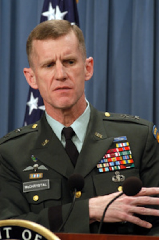 Army Maj. Gen. Stanley A. McChrystal updates reporters on the progress of coalition forces during an April 4, 2003, Pentagon press conference. McChrystal and Assistant Secretary of Defense for Public Affairs Victoria Clarke briefed reporters on the overnight developments of Operation Iraqi Freedom, which is the multinational coalition effort to liberate the Iraqi people, eliminate Iraq's weapons of mass destruction and end the regime of Saddam Hussein. McChrystal is the vice director for Operations, J-3, the Joint Staff. 