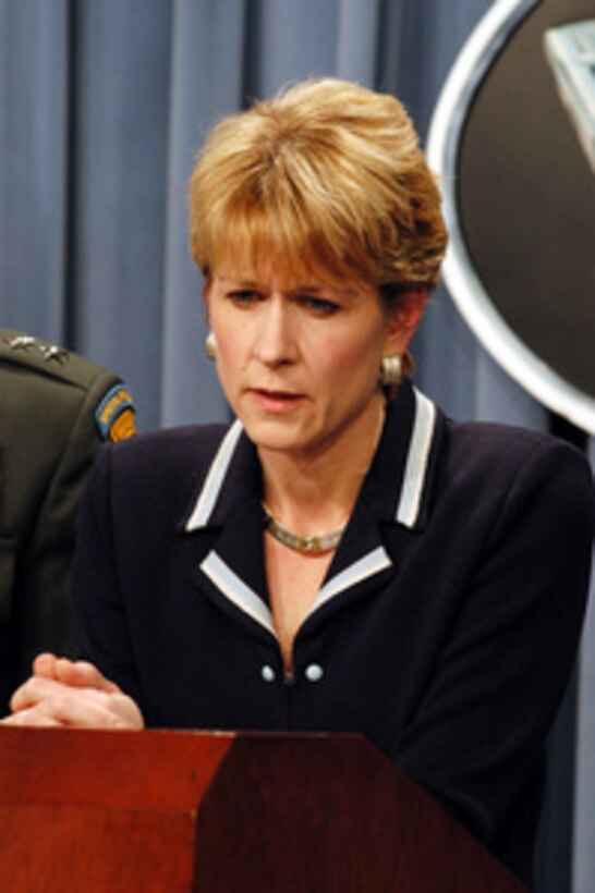 Assistant Secretary of Defense for Public Affairs Victoria Clarke briefs reporters during an April 4, 2003, Pentagon press conference. Clarke told reporters about 28,000 tons of wheat being shipped from the Port of Galveston, Texas, on the ship Free Atlas to the people of Iraq. This amount of wheat will yield one pound of flour for each, man, woman and child in Iraq. Clarke and Army Maj. Gen. Stanley A. McChrystal updated reporters on Operation Iraqi Freedom, which is the multinational coalition effort to liberate the Iraqi people, eliminate Iraq's weapons of mass destruction and end the regime of Saddam Hussein. 