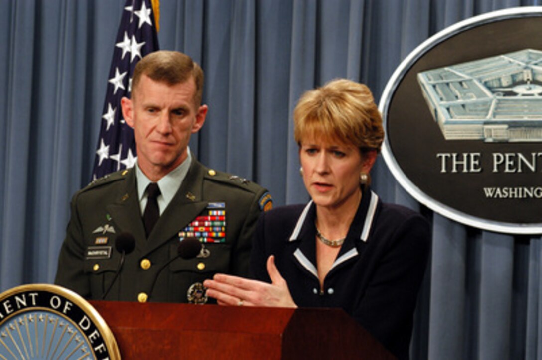 Assistant Secretary of Defense for Public Affairs Victoria Clarke answers a reporter's question during an April 4, 2003, Pentagon press conference about the progress of coalition forces. Clarke and Army Maj. Gen. Stanley A. McChrystal updated reporters on Operation Iraqi Freedom, which is the multinational coalition effort to liberate the Iraqi people, eliminate Iraq's weapons of mass destruction and end the regime of Saddam Hussein. 