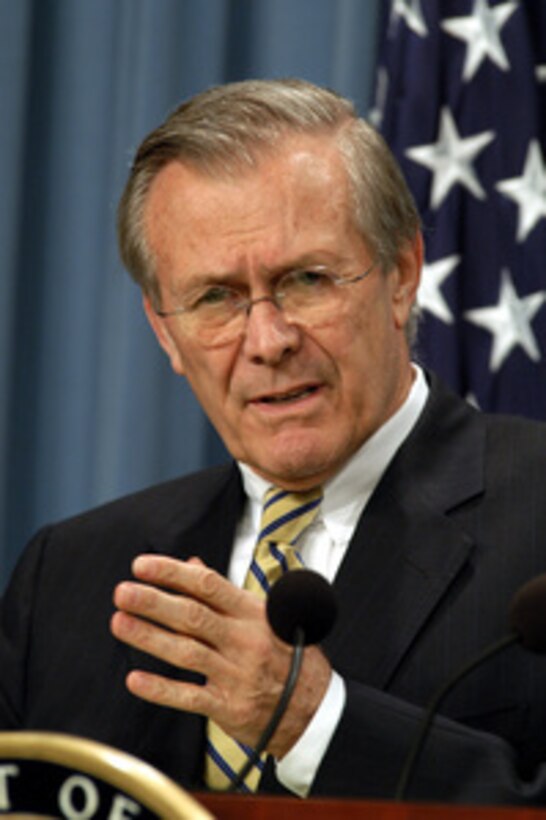 Secretary of Defense Donald H. Rumsfeld tells reporters how the Iraqi regime is using hospitals as military headquarters, schools as armories and moving artillery pieces into Baghdad residential neighborhoods. Rumsfeld and Chairman of the Joint Chiefs of Staff Gen. Richard B. Myers, U.S. Air Force, gave reporters an update on the progress of Operation Iraqi Freedom during an April 7, 2003, Pentagon press briefing. Operation Iraqi Freedom is the multinational coalition effort to liberate the Iraqi people, eliminate Iraq's weapons of mass destruction and end the regime of Saddam Hussein. 