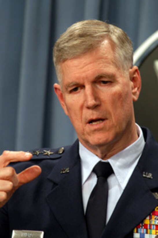Chairman of the Joint Chiefs of Staff Gen. Richard B. Myers, U.S. Air Force, answers a reporter's question about Operation Iraqi Freedom coalition forces, during an April 7, 2003, Pentagon press briefing. Myers and Secretary of Defense Donald H. Rumsfeld gave reporters an update on the progress of Operation Iraqi Freedom, which is the multinational coalition effort to liberate the Iraqi people, eliminate Iraq's weapons of mass destruction and end the regime of Saddam Hussein. 