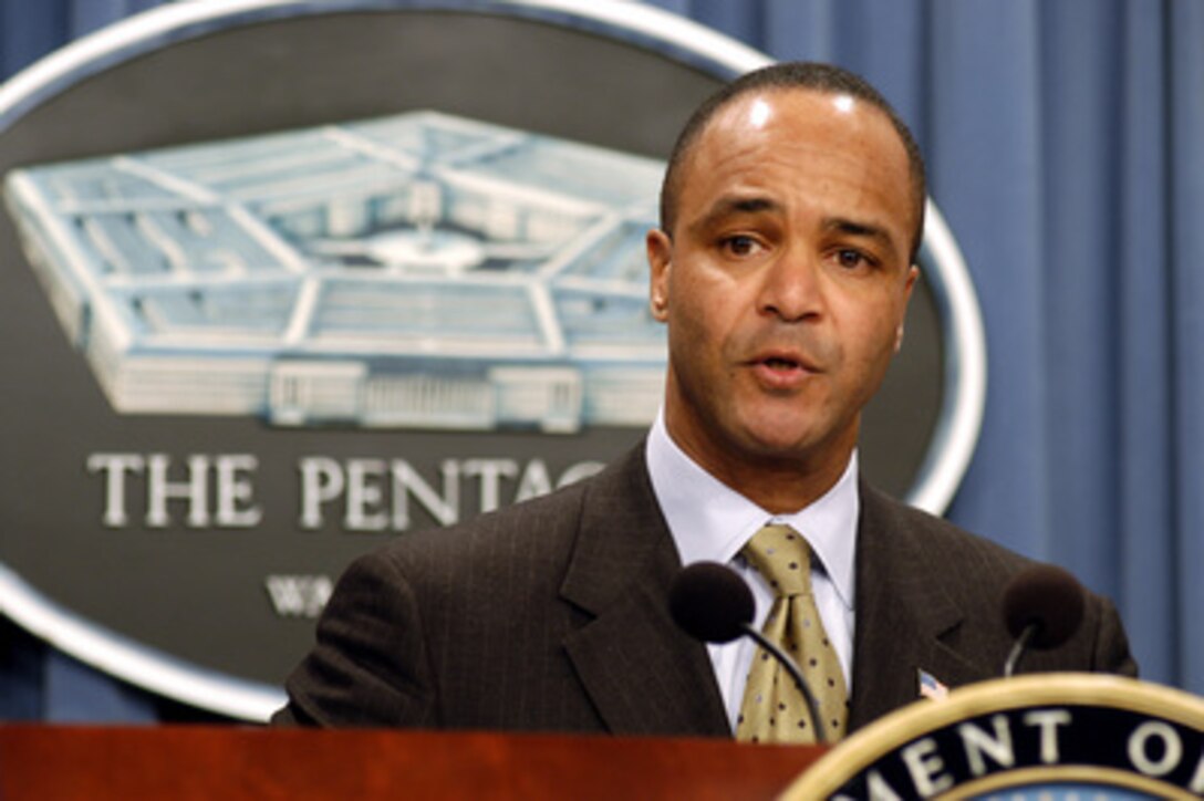 Ambassador Pierre-Richard Prosper briefs reporters at the Pentagon on issues relating to the Geneva Convention on April 7, 2003. Prosper and Special Assistant to the Judge Advocate General of the Army W. Hays Parks discussed aspects of the Convention, the laws of war, the handling of prisoners of war, and war crimes. Prosper is the U.S. ambassador for war crimes issues. 