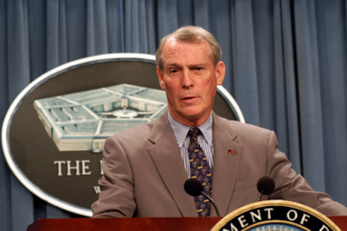 Special Assistant to the Judge Advocate General of the Army W. Hays Parks discusses issues related to the Geneva Convention with reporters at the Pentagon on April 7, 2003. Hays and Ambassador Pierre-Richard Prosper, U.S. ambassador for war crimes issues, briefed reporters on the Convention, the laws of war, the handling of prisoners of war, and war crimes. 