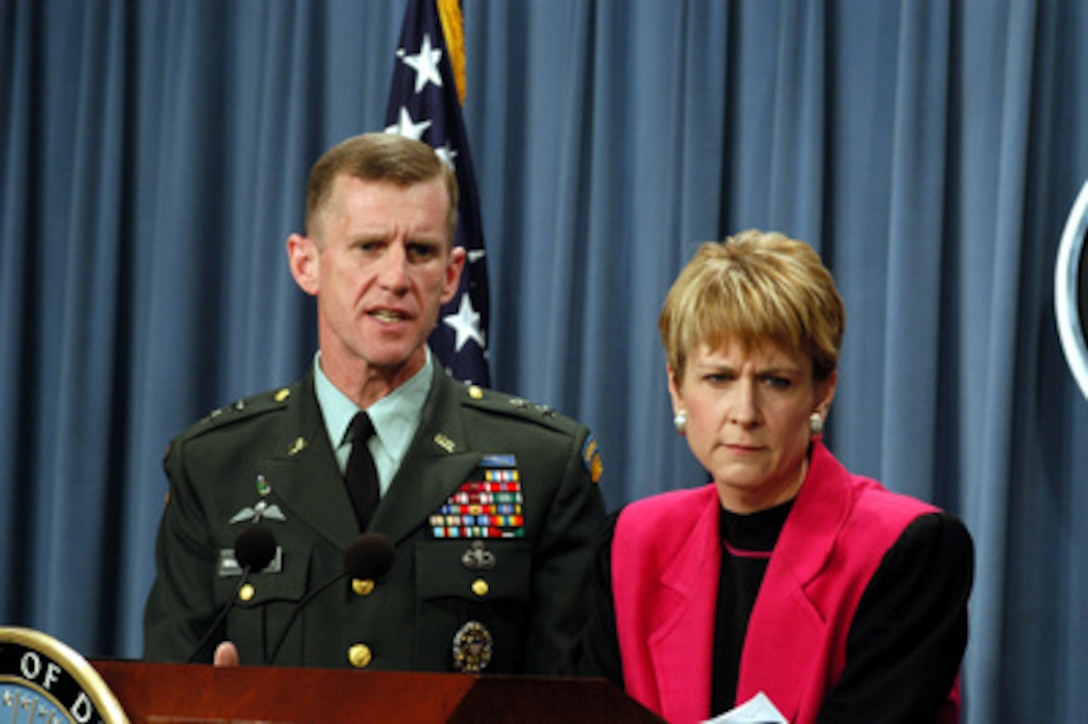 Army Maj. Gen. Stanley A. McChrystal answers a reporter's question on the overnight developments of coalition forces in Baghdad during an April 8, 2003, Pentagon press conference. McChrystal and Assistant Secretary of Defense for Public Affairs Victoria Clarke brought reporters up-to-date on Operation Iraqi Freedom, which is the multinational coalition effort to liberate the Iraqi people, eliminate Iraq's weapons of mass destruction and end the regime of Saddam Hussein. McChrystal is the vice director for Operations, J-3, the Joint Staff. 