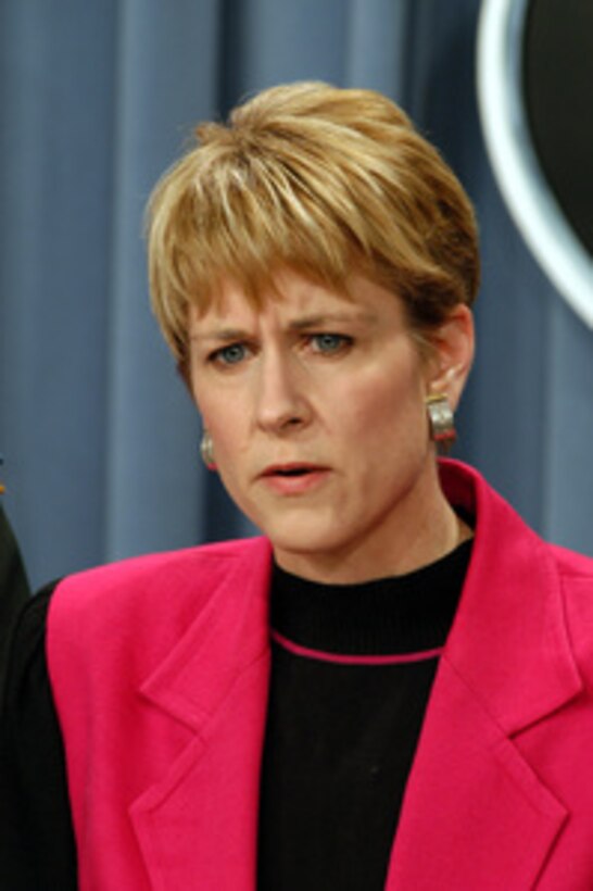 Assistant Secretary of Defense for Public Affairs Victoria Clarke briefs reporters on the progress of coalition forces in Iraq during an April 8, 2003, Pentagon press conference. Clarke and Army Maj. Gen. Stanley A. McChrystal brought reporters up-to-date on Operation Iraqi Freedom, which is the multinational coalition effort to liberate the Iraqi people, eliminate Iraq's weapons of mass destruction and end the regime of Saddam Hussein. McChrystal is the vice director for Operations, J-3, the Joint Staff. 
