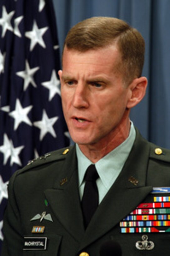 Maj. Gen. Stanley A. McChrystal, U.S. Army, answers a reporter's question on the overnight developments of coalition forces in Baghdad during an April 8, 2003, Pentagon press conference. McChrystal and Assistant Secretary of Defense for Public Affairs Victoria Clarke brought reporters up-to-date on Operation Iraqi Freedom, which is the multinational coalition effort to liberate the Iraqi people, eliminate Iraq's weapons of mass destruction and end the regime of Saddam Hussein. McChrystal is the vice director for Operations, J-3, the Joint Staff. 