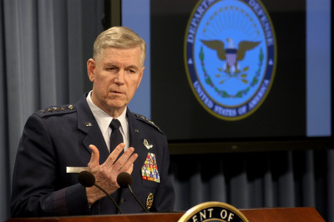 Chairman of the Joint Chiefs of Staff Gen. Richard B. Myers, U.S. Air Force, answers a reporter's question during a Pentagon press conference on April 9, 2003. Myers and Secretary of Defense Donald H. Rumsfeld briefed reporters on the progress of Operation Iraqi Freedom, which is the multinational coalition effort to liberate the Iraqi people, eliminate Iraq's weapons of mass destruction and end the regime of Saddam Hussein. 