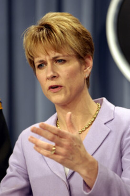 Assistant Secretary of Defense for Public Affairs Victoria Clarke briefs reporters on the overnight developments of coalition forces in and around Baghdad during a Pentagon press briefing on April 10, 2003. Clarke also highlighted some of the humanitarian efforts that are already underway across Iraq. Clarke and Maj. Gen. Stanley A. McChrystal, U.S. Army, brought reporters up-to-date on Operation Iraqi Freedom, which is the multinational coalition effort to liberate the Iraqi people, eliminate Iraq's weapons of mass destruction and end the regime of Saddam Hussein. 