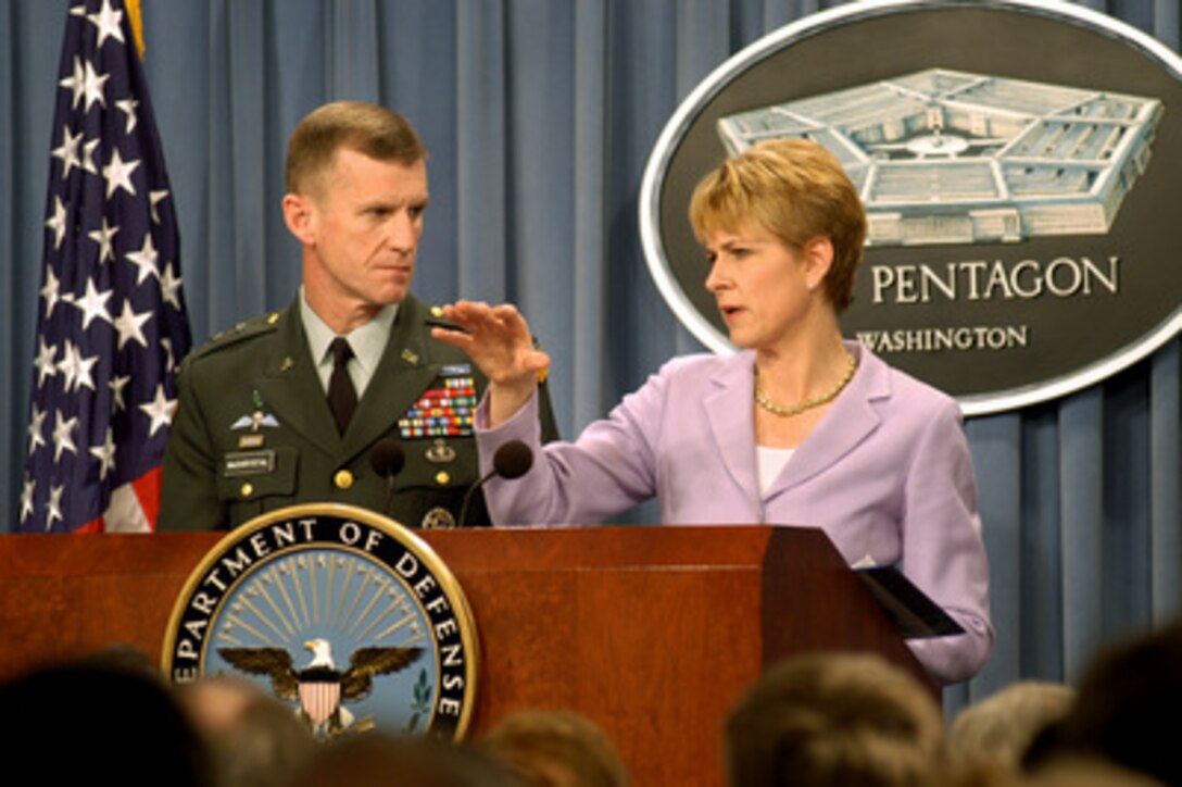 Assistant Secretary of Defense for Public Affairs Victoria Clarke briefs reporters on the overnight developments of coalition forces in and around Baghdad during a Pentagon press briefing on April 10, 2003. Clarke also highlighted some of the humanitarian efforts that are already underway across Iraq. Clarke and Maj. Gen. Stanley A. McChrystal, U.S. Army, brought reporters up-to-date on Operation Iraqi Freedom, which is the multinational coalition effort to liberate the Iraqi people, eliminate Iraq's weapons of mass destruction and end the regime of Saddam Hussein. 