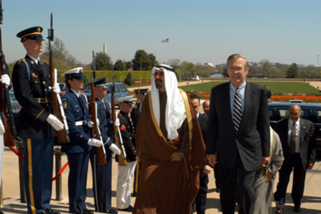 Secretary of Defense Donald H. Rumsfeld escorts Kuwait's Minister of State for Foreign Affairs Sheikh Muhammad al-Sabah al-Salim Al-Sabah through an honor cordon and into the Pentagon on April 14, 2003. Rumsfeld and Al-Sabah will meet to discuss regional and international security items of interest to both nations. 