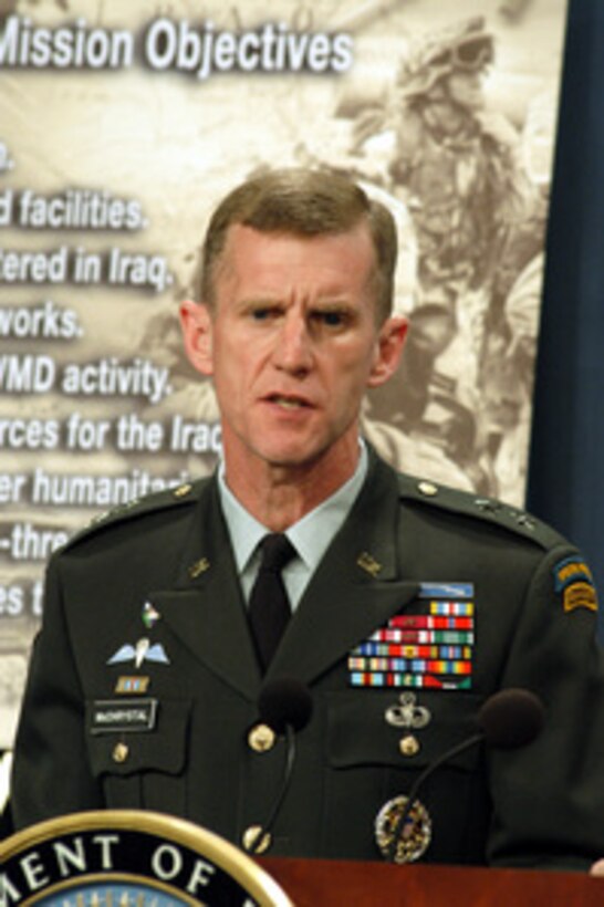 Army Maj. Gen. Stanley A. McChrystal answers a reporter's question during a Pentagon press conference on April 14, 2003. McChrystal and Assistant Secretary of Defense for Public Affairs Victoria Clarke brought reporters up-to-date on Operation Iraqi Freedom, which is the multinational coalition effort to liberate the Iraqi people, eliminate Iraq's weapons of mass destruction and end the regime of Saddam Hussein. McChrystal is the vice director for Operations, J-3, the Joint Staff. 