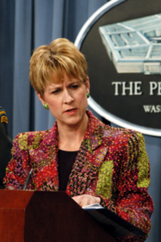Assistant Secretary of Defense for Public Affairs Victoria Clarke tells reporters about the efforts of the World Food Program and the United Nations in delivering over one million tons of food to Iraq during a Pentagon press conference with Maj. Gen. Stanley A. McChrystal, U.S. Army, on April 14, 2003. Operation Iraqi Freedom is the multinational coalition effort to liberate the Iraqi people, eliminate Iraq's weapons of mass destruction and end the regime of Saddam Hussein. McChrystal is the vice director for Operations, J-3, the Joint Staff. 