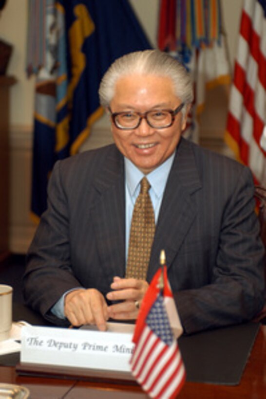 Singapore's Minister of Defense Tony Tan meets in the Pentagon with Secretary of Defense Donald H. Rumsfeld on April 11, 2003. Tan and Rumsfeld are meeting to discuss national and international security items of interest to both nations. 