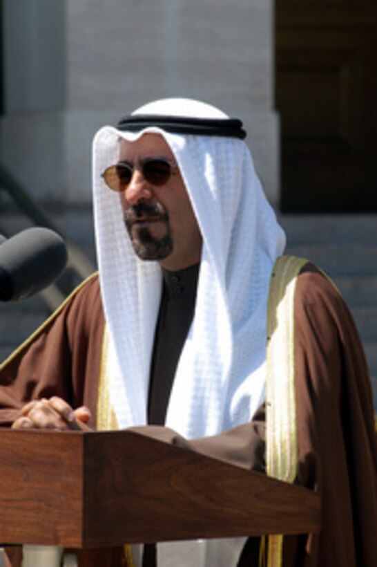 Kuwait's Minister of State for Foreign Affairs Sheikh Muhammad al-Sabah al-Salim Al-Sabah answers a reporter's question during a media availability with Secretary of Defense Donald H. Rumsfeld outside the Pentagon on April 14, 2003. Al-Sabah and Rumsfeld met earlier to discuss regional and international security items of interest to both nations. 
