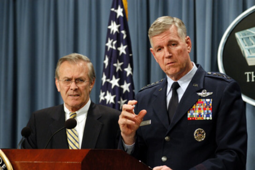 Chairman of the Joint Chiefs of Staff Gen. Richard B. Myers, U.S. Air Force, answers a reporter's question during a Pentagon press briefing with Secretary of Defense Donald H. Rumsfeld on April 15, 2003. Myers and Rumsfeld gave the reporters an update on the situation in Iraq. 