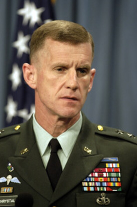 Army Maj. Gen. Stanley A. McChrystal listens to a reporter's question during a Pentagon press conference on April 16, 2003. McChrystal and Assistant Secretary of Defense for Public Affairs Victoria Clarke briefed reporters about the situation in Iraq. McChrystal is the vice director for Operations, J-3, the Joint Staff. 
