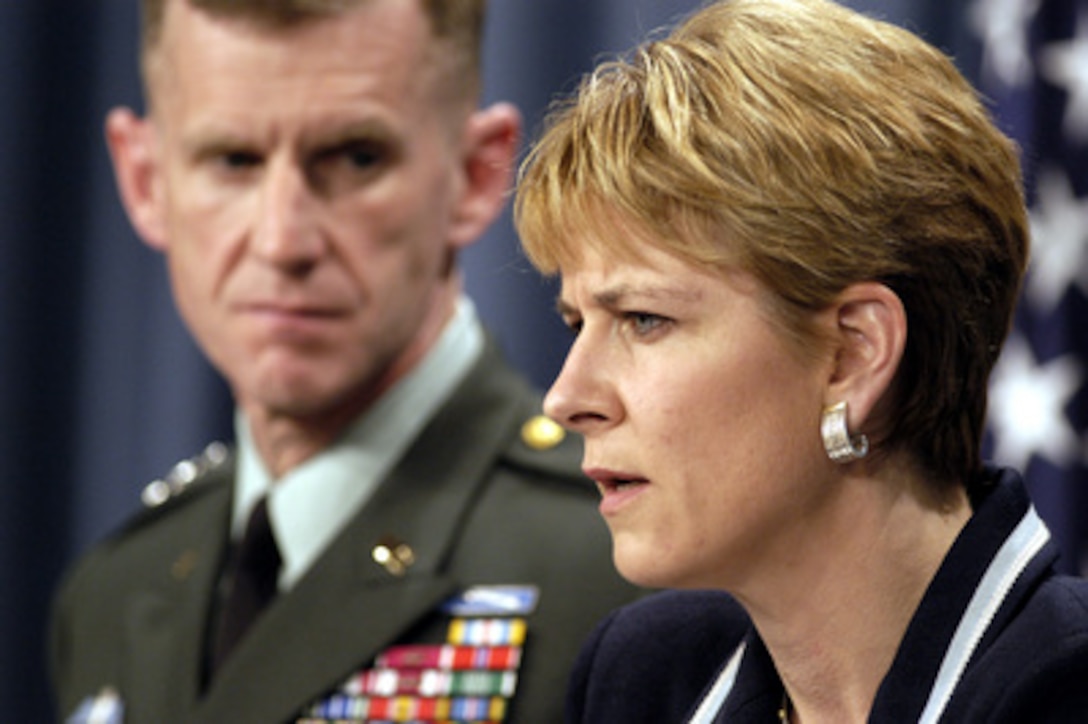 Assistant Secretary of Defense for Public Affairs Victoria Clarke tells reporters in the Pentagon on April 16, 2003, about the meeting of free Iraqis near An Nasiriyah, Iraq. Iraqis, from diverse religious, civil and ethnic groups met to discuss self-government in Iraq, free of the Hussein dictatorship. Clarke and Maj. Gen. Stanley A. McChrystal, U.S. Army, vice director for Operations, J-3, the Joint Staff, also updated reporters on the situation in Baghdad. 