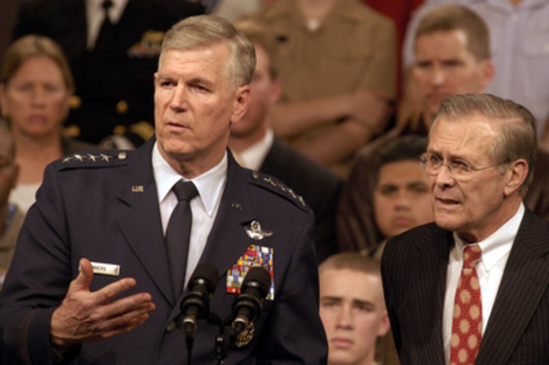 Chairman of the Joint Chiefs of Staff Gen. Richard B. Myers, U.S. Air Force, answers a question from the audience of military and Department of Defense civilian employees at a town hall style meeting in the Pentagon on April 17, 2003. Myers and Secretary of Defense Donald H. Rumsfeld thanked the Pentagon audience for their contribution to Operation Iraqi Freedom in their opening remarks and then took questions. 