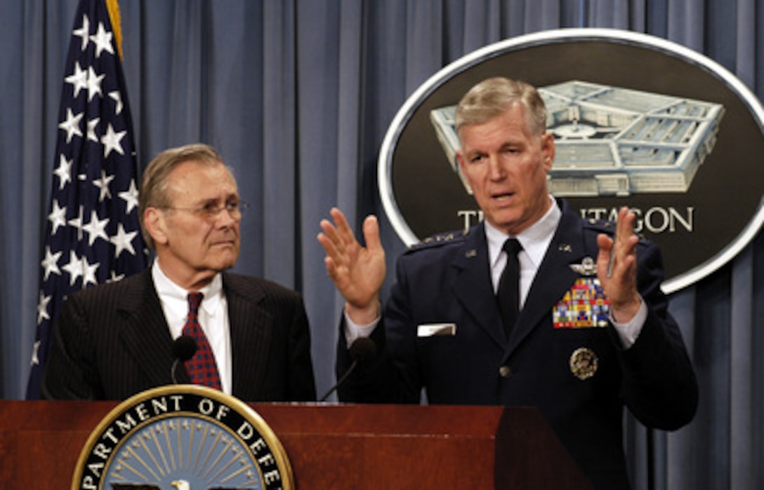 Chairman of the Joint Chiefs of Staff Gen. Richard B. Myers, U.S. Air Force, answers a reporter's question during an April 21, 2003, Pentagon press briefing with Secretary of Defense Donald H. Rumsfeld. Myers talked about some of the lessons learned from the Iraqi conflict and the overall impact they will have for the armed forces. 