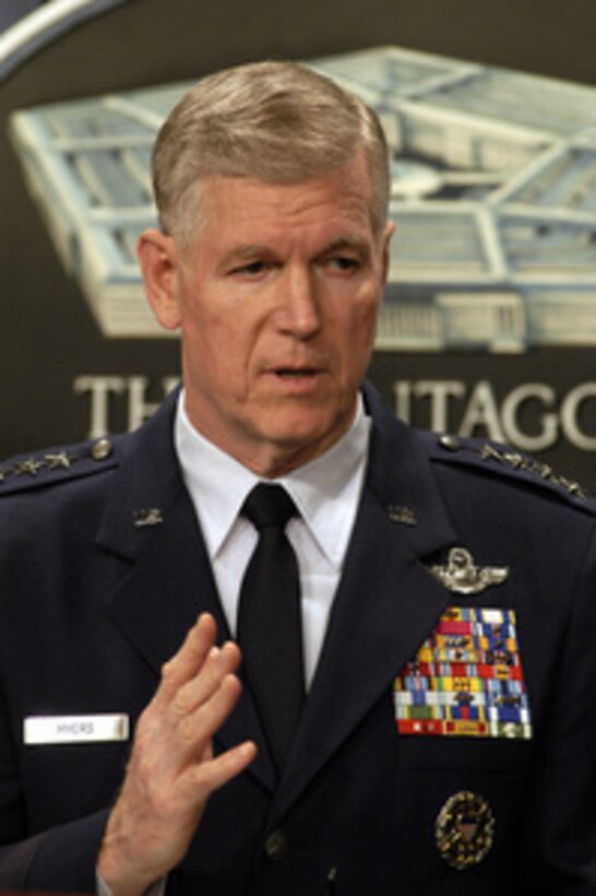 Chairman of the Joint Chiefs of Staff Gen. Richard B. Myers, U.S. Air Force, answers a reporter's question during an April 21, 2003, Pentagon press briefing with Secretary of Defense Donald H. Rumsfeld. Myers talked about some of the lessons learned from the Iraqi conflict and the overall impact they will have for the armed forces. 