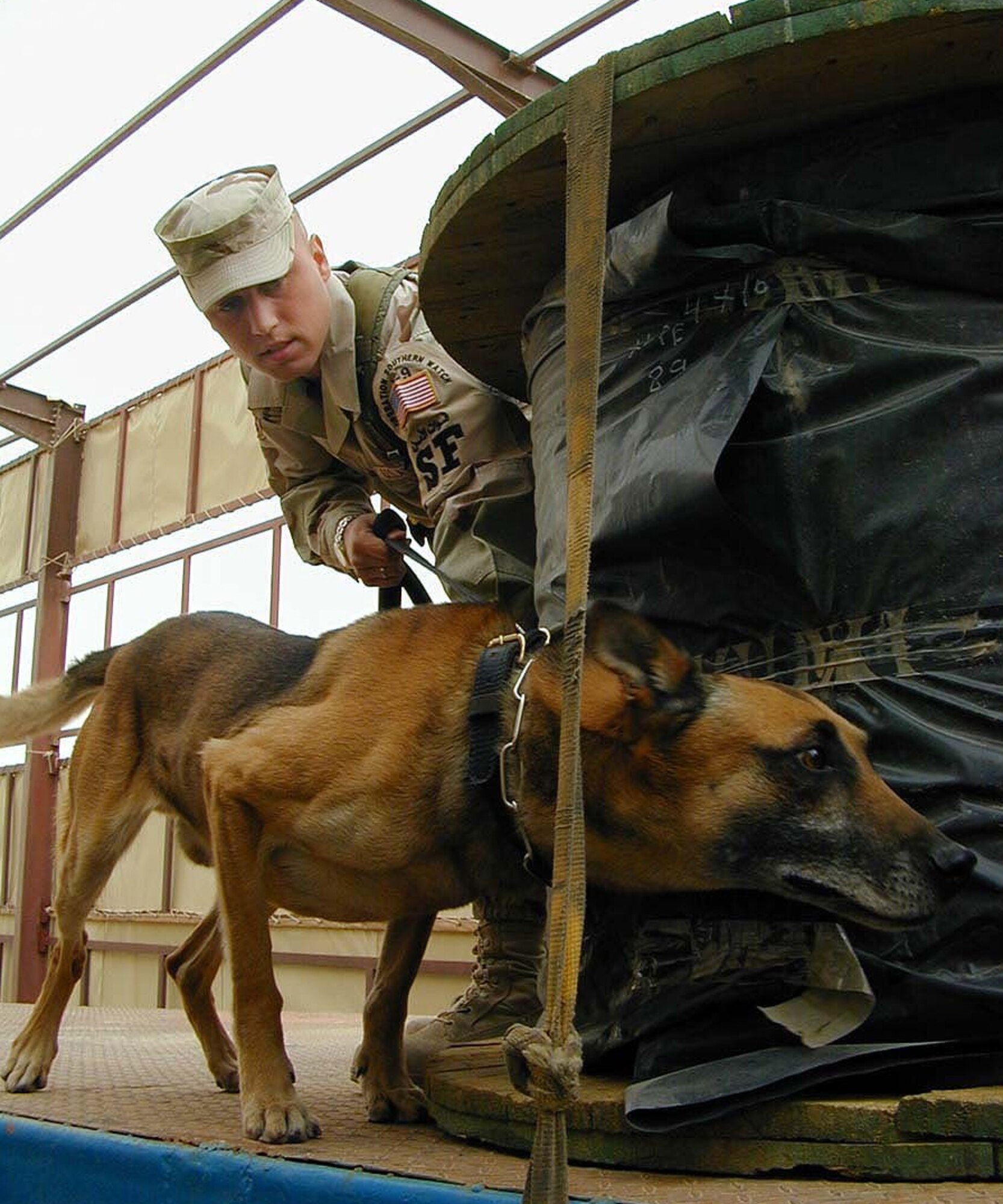 OPERATION IRAQI FREEDOM -- Senior Airman Donnie Wells, 363rd Expeditionary Security Forces Squadron, watches as Kastor, a Belgian Malinois military working dog, sniffs for any hazardous materials or explosives among cable rolls aboard a flatbed trailer coming on-base at a forward location.  Both Wells and Kastor deployed together from the 99th Security Forces Squadron, Nellis Air Force Base, Nev.  (U.S. Air Force photo by Master Sgt. Darrell Lewis)  