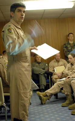 OPERATION IRAQI FREEDOM -- Charchian speaks with B-52 crews before the first missions flown from this deployed location March 23. (U.S Air Force photo by Tech. Sgt. Jason Tudor)