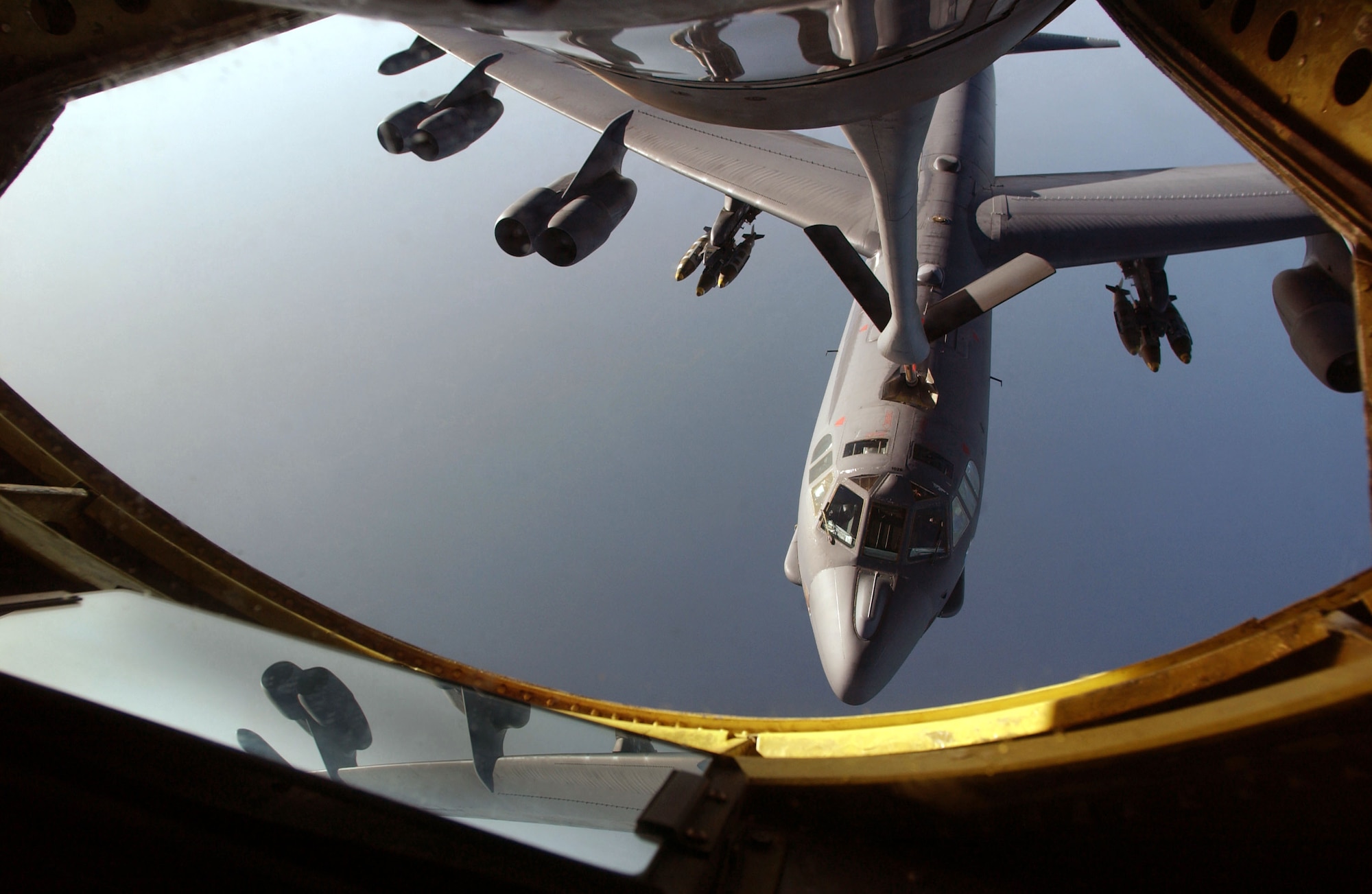 OPERATION IRAQI FREEDOM -- A B-52 Stratofortress receives fuel from a KC-135 Stratotanker over the Indian Ocean. The KC-135 crew is from the 931st Air Refueling Group at McConnell Air Force Base, Kan., and is deployed to the 405th Air Expeditionary Wing to support Operation Iraqi Freedom. (U.S. Air Force photo by Staff Sgt. Cherie A. Thurlby)
