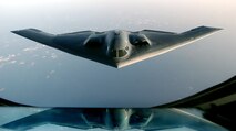 OPERATION IRAQI FREEDOM  --  A B-2 Spirit, returning from a mission over Iraq, takes on fuel from a KC-135 Stratotanker over the Indian Ocean on March 27.  (U.S. Air Force photo by Staff Sgt. Cherie A. Thurlby)