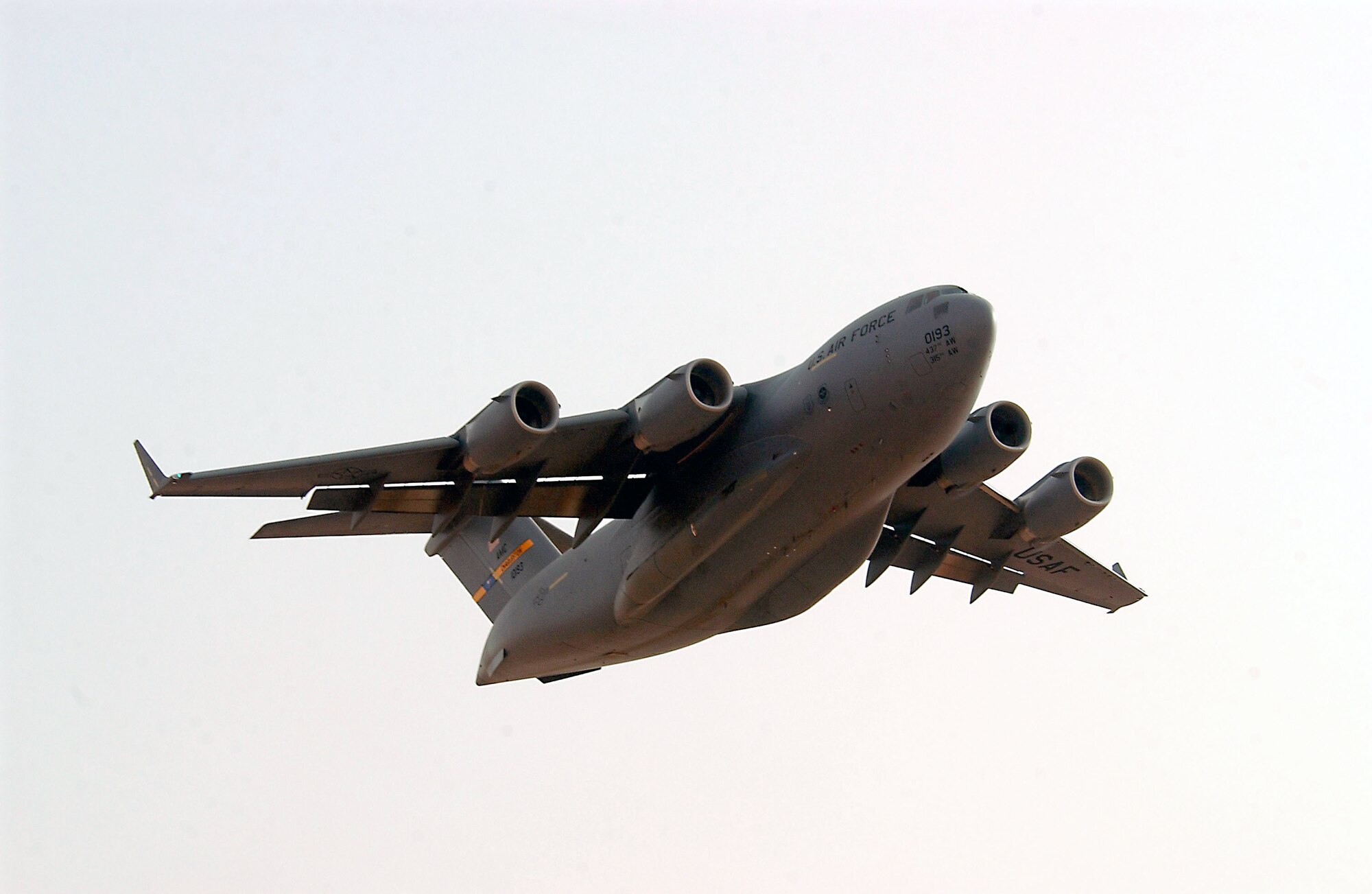 OPERATION IRAQI FREEDOM -- A C-17 Globemaster III deployed to the 363rd Air Expeditionary Wing takes off for a mission at a forward-deployed location in Southwest Asia on March 27. Aircraft move around the clock to support Operation Iraqi Freedom. (U.S. Air Force photo by Staff Sgt. Matthew Hannen)