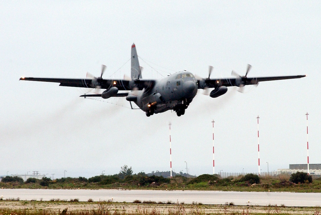 OPERATION IRAQI FREEDOM -- An EC-130H Compass Call, assigned to the 398th Air Expeditionary Group, takes off from a forward deployed operating base located in the Mediterranean region in support of Operation Iraqi Freedom. Operation Iraqi Freedom is the multinational coalition effort to liberate the Iraqi people, eliminate Iraq's weapons of mass destruction and end the regime of Saddam Hussein. (U.S. Air Force photo by Tech Sgt. Robert J. Horstman) 