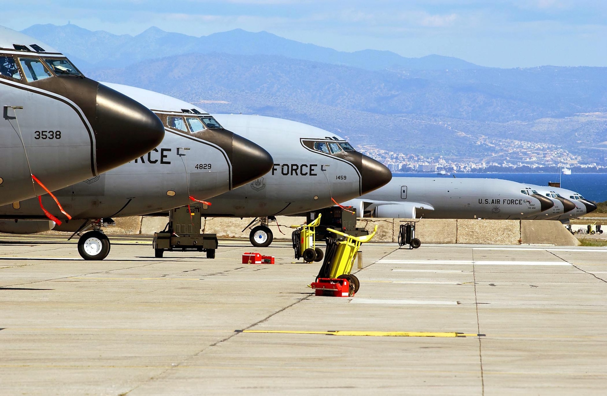 OPERATION IRAQI FREEDOM -- KC-135 Stratotankers assigned to the 401st Air Expeditionary Wing sit ready on the flightline of a forward-deployed base located in the Mediterranean region.  The U.S. Air Force, U.S. Navy, the British Army and the Royal Air Force joined forces at an RAF base here to set up a refueling mission.  (U.S. Air Force photo by Master Sgt. Mark Bucher)                      