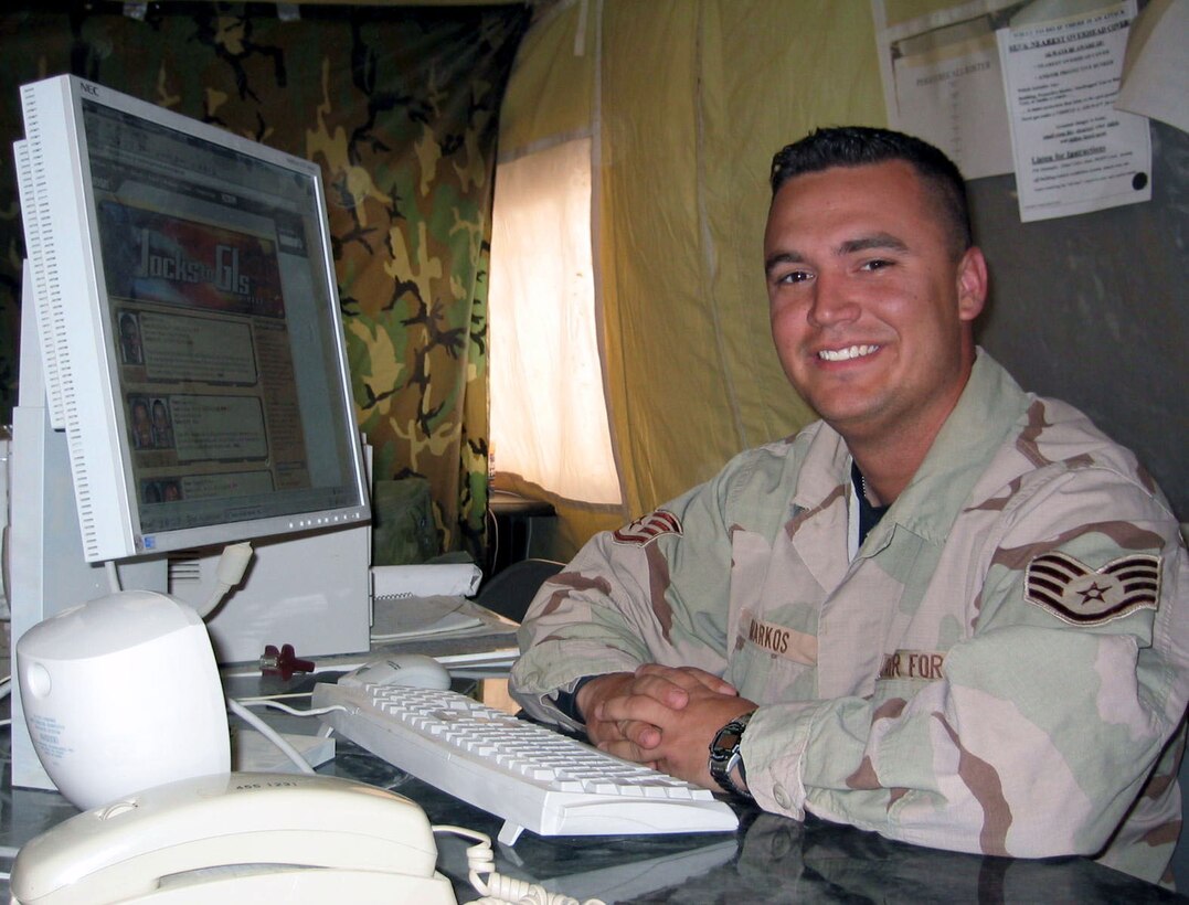 OPERATION IRAQI FREEDOM -- Staff Sgt. Marty Markos, a personnel specialist forward deployed with the 444th Air Expeditionary Group, is one of the nation's first servicemembers to participate in ESPN's "Jock-to-GIs Direct" e-mail pen pal program.  Markos is deployed from Wright-Patterson Air Force Base, Ohio.  His pen pal is Rod Brind'Amour, Carolina Hurricanes center.  (U.S. Air Force photo by Master Sgt. Charles. Ramey)