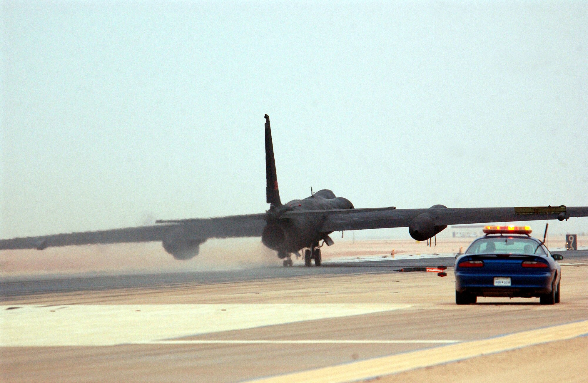 OPERATION IRAQI FREEDOM -- Capt. Don Yu, a U-2 Dragon Lady pilot deployed from the 99th Reconnaissance Squadron, Beale Air Force Base, Calif., to the 363rd Expeditionary Reconnaissance Squadron, takes off for a mission on April 11.  The U-2 is a high altitude-multi intelligence reconnaissance aircraft.  It can fly above 70,000 ft and provides near-real-time imagery and signals intelligence to war fighters and national authorities in support of Operation Iraqi Freedom. (U.S. Air Force photo by Staff Sgt. Matthew Hannen)