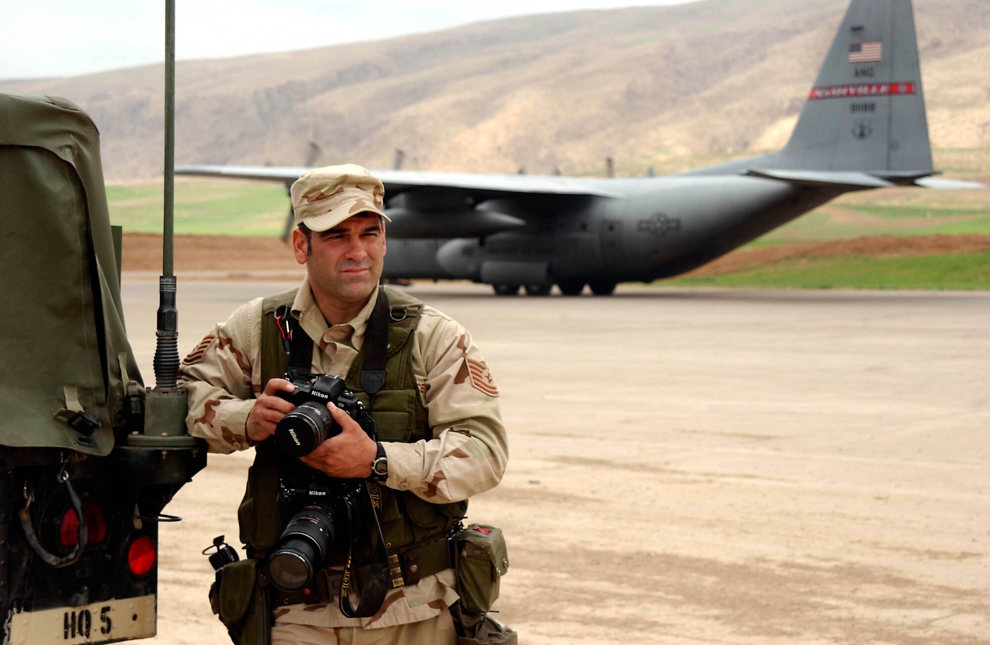 OPERATION IRAQI FREEDOM -- Tech. Sgt. Steve Fausili -- on the flight line at Bashur Airfield, Iraq -- got a view of Iraq few airmen at this base have seen. (U.S. Air Force photo)