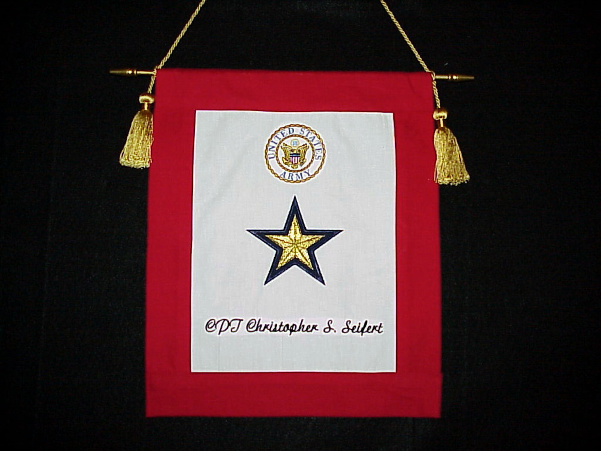 ABERDEEN PROVING GROUND, Md. (AFPN) -- Two Air Force spouses are helping revive an old tradition to honor the families of servicemembers killed in battle with "gold star service flags."  The gold star flag is a variation on the blue star service flag that made its first appearance nearly a century ago.  (Courtesy photo)

