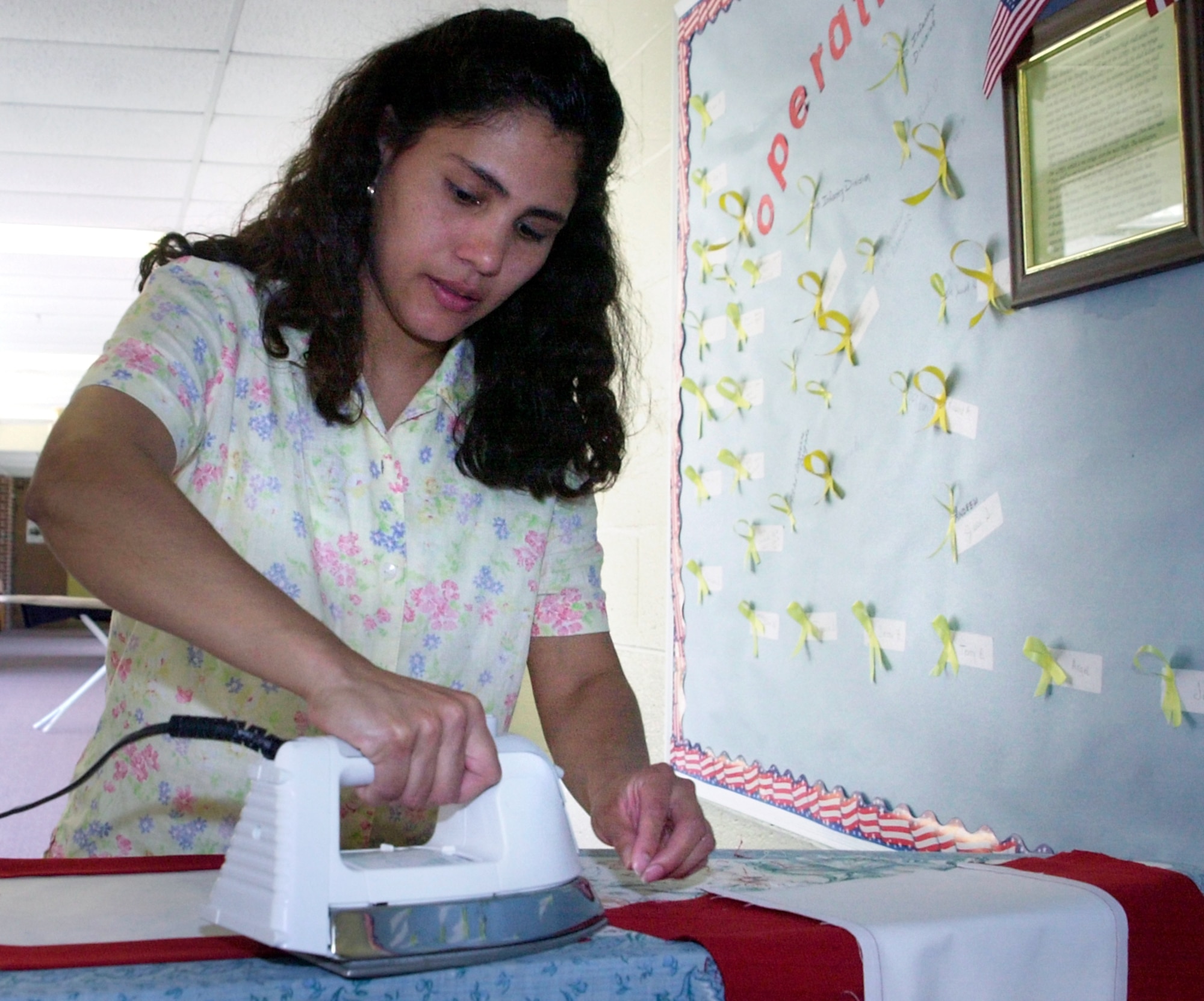 ABERDEEN PROVING GROUND, Md. -- Claudia Schmucker irons material before making a "gold star service flag."  The Air Force spouse is helping make the flags for the families of servicemembers killed in combat.  (U.S. Air Force photo by Master Sgt. Scott Elliot