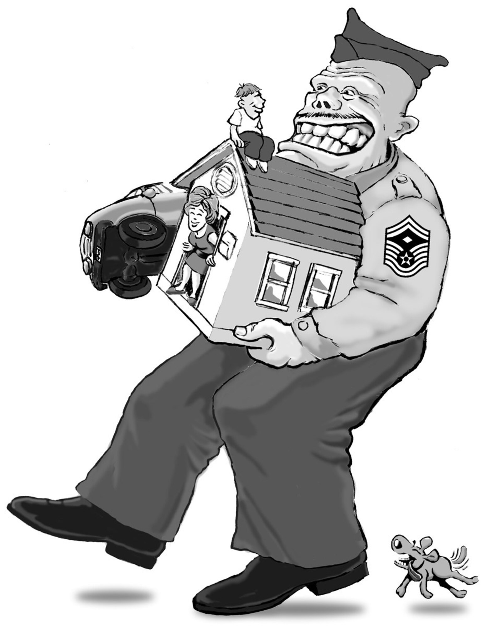 Airman moving his family, PCS (b/w), Illustration by Bob Goode, AFNEWS/NSPD