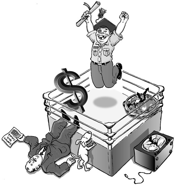 Airman overcoming obstacles to get a college degree (b/w), Illustration by Bob Goode, AFNEWS/NSPD