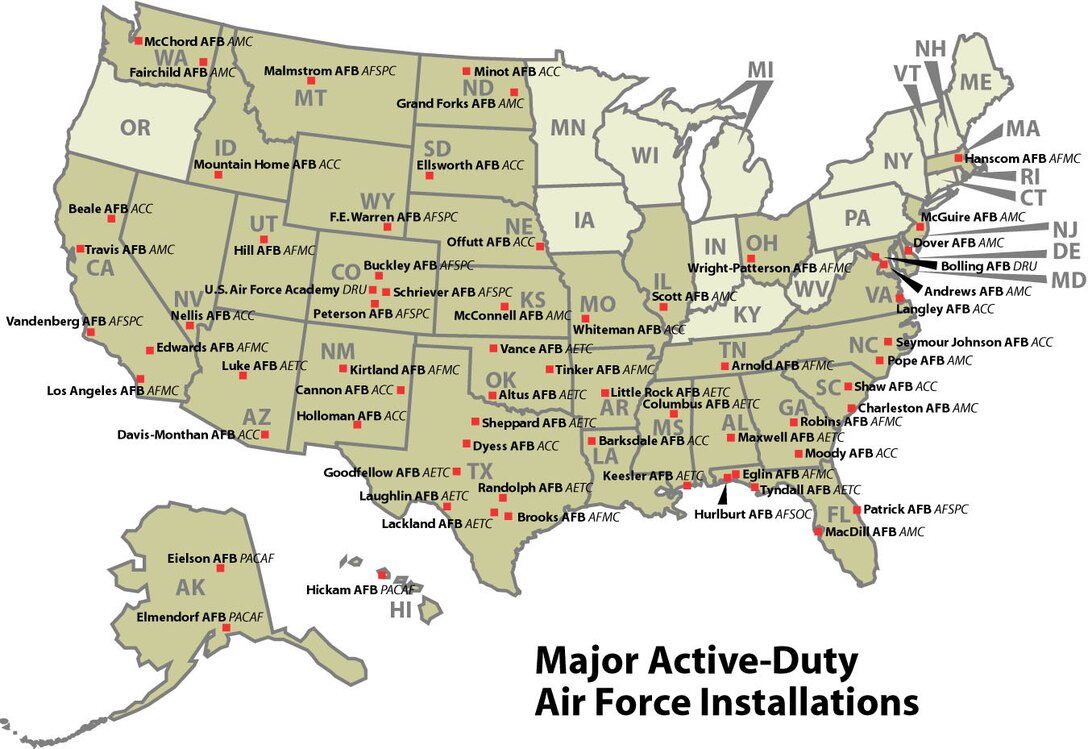 Major Air Force Installations (color), U.S. Air Force map, AFNEWS/NSPD